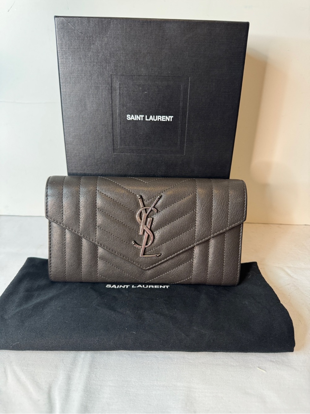 Saint Laurent Quilted Leather Envelope Wallet - Dark Brown with Bronze Hardware
